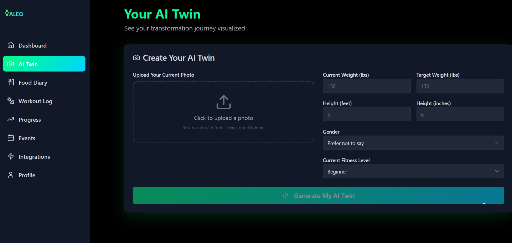 Valeo app Future Twin preview showing a visualised fitness transformation