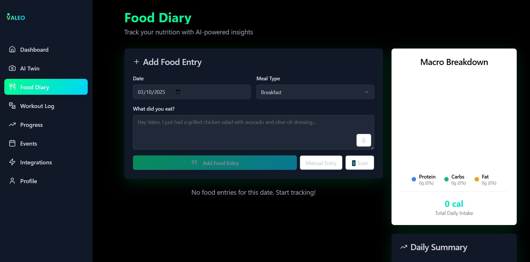 Food diary and voice logging interface