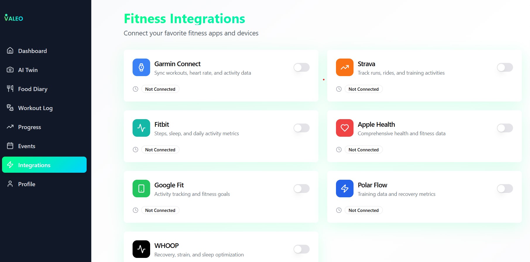 Integrations dashboard showing Strava and Apple Health sync